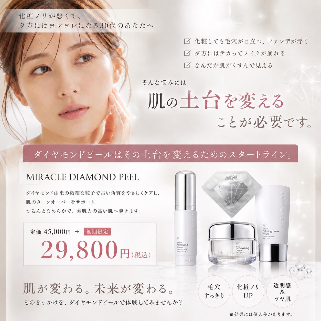 夕方になるとファンデーションがヨレる…そんな30代の肌悩みに。肌の土台を整えるダイヤモンドピール💎